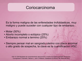 seguimiento
Seguimiento semanal a fin de descartar enfermedad
residual por medio de HCG-b hasta lograr valores normales
por 3 semanas -> 1 mensual por 6 meses->1 cada año.
● Mantener anticoncepción durante este periodo con metodos
orales, no DIU (Curry, 1989)
Cunnignham F, Kenneth J Steven L, John C Williams. Obstetricia 23 edicion, Mc Graw Hill 2010
CIE-10: D39 Neoplasia de comportamiento desconocido o incierto de órganos genitales femeninos
 