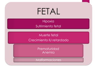 FETAL
Hipoxia
Sufrimiento fetal
Muerte fetal
Crecimiento IU retardado
Prematuridad
Anemia
Malformaciones
 