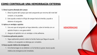 HEMORRAGIAS
COMO CONTROLAR UNA HEMORRAGIA EXTERNA
5. Eleva la parte afectada del cuerpo:
1. Eleva la parte del cuerpo que está sangrando por encima del nivel del
corazón, si es posible.
2. Esto ayuda a reducir el flujo de sangre hacia la herida y ayuda a
detener el sangrado.
6. Aplica un vendaje o apósito:
1. Una vez que el sangrado se haya detenido, cubre la herida con un
apósito limpio o una gasa estéril.
2. Asegura el apósito con un vendaje o cinta adhesiva.
7. Continúa aplicando presión:
1. Sigue aplicando presión sobre la herida hasta que llegue la ayuda
médica o el sangrado se detenga por completo.
8. Busca ayuda médica de emergencia:
1. Si la hemorragia no se detiene o si la herida es grave, busca ayuda
médica de emergencia de inmediato.
 