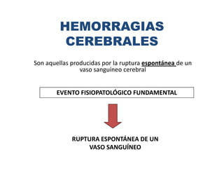 HEMORRAGIAS
          CEREBRALES
Son aquellas producidas por la ruptura espontánea de un
                vaso sanguíneo cerebral


       EVENTO FISIOPATOLÓGICO FUNDAMENTAL




             RUPTURA ESPONTÁNEA DE UN
                 VASO SANGUÍNEO
 