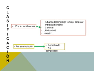 C
L
A
S                           - Tubárico (Intersticial, ísmico, ampular
I                             ,Intraligamentario.
    - Por su localización
                            - Cervical
F                           - Abdominal
                            - ovarico
I
C
A                               - Complicado
     - Por su evolución
C                               - No
                                complicado.
I
Ó
N
 