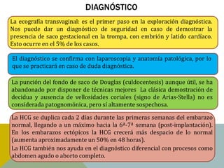 DIAGNÓSTICO
La ecografía transvaginal: es el primer paso en la exploración diagnóstica.
Nos puede dar un diagnóstico de seguridad en caso de demostrar la
presencia de saco gestacional en la trompa, con embrión y latido cardíaco.
Esto ocurre en el 5% de los casos.

El diagnóstico se confirma con laparoscopia y anatomía patológica, por lo
que se practicará en caso de duda diagnóstica.

La punción del fondo de saco de Douglas (culdocentesis) aunque útil, se ha
abandonado por disponer de técnicas mejores La clásica demostración de
decidua y ausencia de vellosidades coriales (signo de Arias-Stella) no es
considerada patognomónica, pero sí altamente sospechosa.

La HCG se duplica cada 2 días durante las primeras semanas del embarazo
normal, llegando a un máximo hacia la 6ª-7ª semana (post-implantación).
En los embarazos ectópicos la HCG crecerá más despacio de lo normal
(aumenta aproximadamente un 50% en 48 horas).
La HCG también nos ayuda en el diagnóstico diferencial con procesos como
abdomen agudo o aborto completo.
 