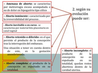 – Amenaza de aborto: se caracteriza
por metrorragia escasa acompañada o
no de dolor en hipogastrio tipo cólico                 2. según su
– Aborto inminente : caracterizado por
                                                       evolución
la irreversibilidad del proceso .                      puede ser:
- Aborto inevitable o en curso: se
caracteriza por material feto placentario en
canal vaginal

– Aborto retenido o diferido: en el que
persiste el producto de la concepción
tras la interrupción del embarazo.
Una situación a tener en cuenta dentro
  de     este,    es    la   gestación         – Aborto incompleto: el
  anembrionada.                                producto       de      la
                                               concepción      no    es
                                               expulsado      en     su
– Aborto completo: el producto de la           totalidad, quedan restos
   concepción es expulsado en su               abortivos dentro de la
   totalidad.                                  cavidad uterina.
 