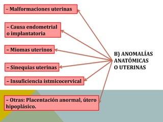 – Malformaciones uterinas


– Causa endometrial
o implantatoria


– Miomas uterinos
                                       B) ANOMALÍAS
                                       ANATÓMICAS
– Sinequias uterinas                   O UTERINAS

– Insuficiencia ístmicocervical


– Otras: Placentación anormal, útero
hipoplásico.
 