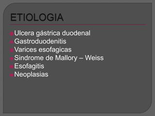 Ulcera gástrica duodenal 
Gastroduodenitis 
Varices esofagicas 
Sindrome de Mallory – Weiss 
Esofagitis 
Neoplasias 
 