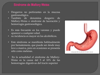 Síndrome de Mallory Weiss 
• Desgarros no perforantes en la mucosa 
gastroesofágica. 
• También de denomina desgarro de 
Mallory-Weiss o síndrome de laceración y 
hemorragia gastroesofágica. 
• Es más frecuente en los varones y puede 
aparecer a cualquier edad. 
• su incidencia es mayor en los alcohólicos. 
• Este síndrome se manifiesta habitualmente 
por hematemesis, que puede ser desde muy 
leve a masiva, pero en ocasiones se presenta 
sólo como melenas. 
• En la actualidad el síndrome de Mallory- 
Weiss es la causa del 5 al 10% de las 
hemorragias digestivas del tracto superior 
 