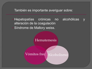 También es importante averiguar sobre: 
• Hepatopatías crónicas no alcohólicas y 
alteración de la coagulación 
• Síndrome de Mallory weiss. 
Hematemesis 
Alcoholismo 
Vómitos frec 
 