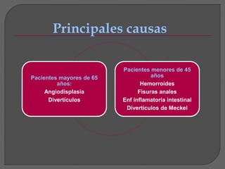 Principales causas 
Pacientes mayores de 65 
años: 
Angiodisplasia 
Divertículos 
Pacientes menores de 45 
años 
Hemorroides 
Fisuras anales 
Enf inflamatoria intestinal 
Divertículos de Meckel 
 