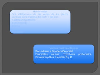 Hemorroides 
Son dilataciones de las venas de los plexos 
venosos de la mucosa del recto o del ano. 
Factores hereditarios 
Estreñimiento 
Diarrea 
Estar de pie o sentado durante mucho tiempo 
Embarazo 
Várices Gastroesofágicas 
Secundarias a hipertensión portal 
Principales causas: Trombosis prehepatica, 
Cirrosis hepática, Hepatitis B y C 
 