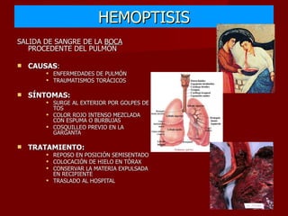 HEMOPTISIS SALIDA DE SANGRE DE LA  BOCA  PROCEDENTE DEL PULMÓN CAUSAS : ENFERMEDADES DE PULMÓN TRAUMATISMOS TORÁCICOS SÍNTOMAS: SURGE AL EXTERIOR POR GOLPES DE TOS COLOR ROJO INTENSO MEZCLADA CON ESPUMA O BURBUJAS COSQUILLEO PREVIO EN LA GARGANTA TRATAMIENTO: REPOSO EN POSICIÓN SEMISENTADO COLOCACIÓN DE HIELO EN TÓRAX CONSERVAR LA MATERIA EXPULSADA EN RECIPIENTE TRASLADO AL HOSPITAL 