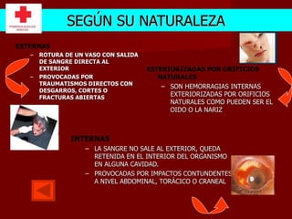 SEGÚN SU NATURALEZA EXTERNAS ROTURA DE UN VASO CON SALIDA DE SANGRE DIRECTA AL EXTERIOR PROVOCADAS POR TRAUMATISMOS DIRECTOS CON DESGARROS, CORTES O FRACTURAS ABIERTAS ESTERIORIZADAS POR ORIFICIOS NATURALES SON HEMORRAGIAS INTERNAS EXTERIORIZADAS POR ORIFICIOS NATURALES COMO PUEDEN SER EL OIDO O LA NARIZ INTERNAS LA SANGRE NO SALE AL EXTERIOR, QUEDA RETENIDA EN EL INTERIOR DEL ORGANISMO EN ALGUNA CAVIDAD. PROVOCADAS POR IMPACTOS CONTUNDENTES A NIVEL ABDOMINAL, TORÁCICO O CRANEAL 