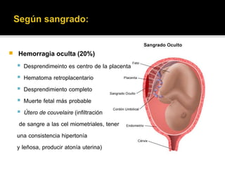  Hemorragia oculta (20%) 
 Desprendimeinto es centro de la placenta 
 Hematoma retroplacentario 
 Desprendimiento completo 
 Muerte fetal más probable 
 Útero de couvelaire (infiltración 
de sangre a las cel miometriales, tener 
una consistencia hipertonía 
y leñosa, producir atonía uterina) 
 