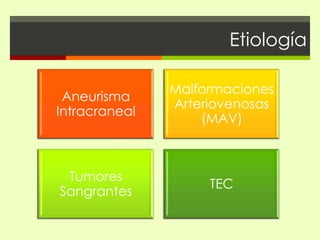 Etiología

               Malformaciones
 Aneurisma
               Arteriovenosas
Intracraneal
                   (MAV)



 Tumores
                    TEC
Sangrantes
 