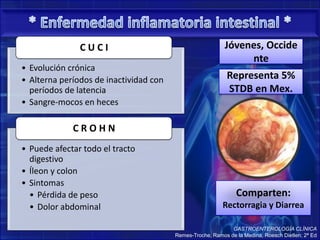 * Enfermedad inflamatoria intestinal * Jóvenes, OccidenteRepresenta 5% STDB en Mex.Comparten: Rectorragia y DiarreaGASTROENTEROLOGÍA CLÍNICARemes-Troche, Ramos de la Medina, RoeschDietlen; 2ª Ed