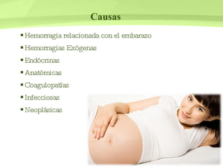 Causas Hemorragia relacionada con el embarazo Hemorragias Exógenas Endócrinas Anatómicas Coagulopatías Infecciosas Neoplásicas 