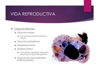 VIDA REPRODUCTIVA
 Causas endocrinas
 Disfunción tiroidea
 Pre menopausia: Enfermedad de
Graves
 Disfunción hipotalámi...