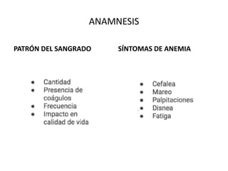 ANAMNESIS
PATRÓN DEL SANGRADO SÍNTOMAS DE ANEMIA
 