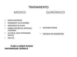 TRATAMIENTO
MEDICO
• ANOVULATORIOS
• DIANOGEST (VS PLACEBO)
• ANÁLOGOS DE GnRH
• EMBOLIZACIÓN DE ARTERIAS
UTERINAS
• US FOCAL ALTA INTENSIDAD
(HIFUS)
• LNS-IUS
PLAN A LARGO PLASO/
ENFERMEDAD CRÓNICA
QUIRÚRGICO
• HISTERECTOMIA
• CIRUGIA EN MIOMETRO
 