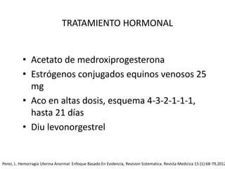 TRATAMIENTO HORMONAL
• Acetato de medroxiprogesterona
• Estrógenos conjugados equinos venosos 25
mg
• Aco en altas dosis, esquema 4-3-2-1-1-1,
hasta 21 días
• Diu levonorgestrel
Perez, L. Hemorragia Uterina Anormal: Enfoque Basado En Evidencia, Revision Sistematica. Revista Medicica 15 (1):68-79,2012
 