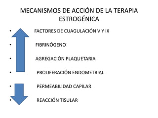 MECANISMOS DE ACCIÓN DE LA TERAPIA
ESTROGÉNICA
• FACTORES DE CUAGULACIÓN V Y IX
• FIBRINÓGENO
• AGREGACIÓN PLAQUETARIA
• PROLIFERACIÓN ENDOMETRIAL
• PERMEABILIDAD CAPILAR
• REACCIÓN TISULAR
 