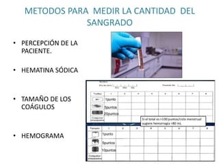 METODOS PARA MEDIR LA CANTIDAD DEL
SANGRADO
• PERCEPCIÓN DE LA
PACIENTE.
• HEMATINA SÓDICA
• TAMAÑO DE LOS
COÁGULOS
• HEMOGRAMA
 