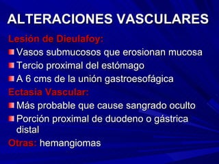 ALTERACIONES VASCULARES Lesión de Dieulafoy: Vasos submucosos que erosionan mucosa Tercio proximal del estómago  A 6 cms de la unión gastroesofágica Ectasia Vascular: Más probable que cause sangrado oculto Porción proximal de duodeno o gástrica distal Otras:  hemangiomas 
