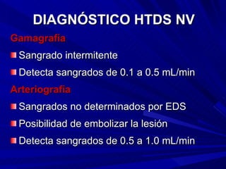 Gamagrafía Sangrado intermitente Detecta sangrados de 0.1 a 0.5 mL/min Arteriografía Sangrados no determinados por EDS Posibilidad de embolizar la lesión Detecta sangrados de 0.5 a 1.0 mL/min DIAGNÓSTICO HTDS NV 