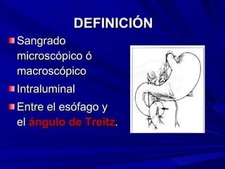 DEFINICIÓN Sangrado microscópico ó macroscópico Intraluminal  Entre el esófago y el  ángulo de Treitz . 