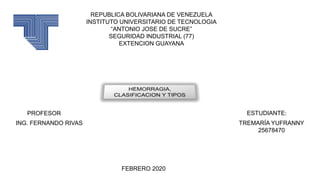 REPUBLICA BOLIVARIANA DE VENEZUELA
INSTITUTO UNIVERSITARIO DE TECNOLOGIA
“ANTONIO JOSE DE SUCRE”
SEGURIDAD INDUSTRIAL (77)
EXTENCION GUAYANA
PROFESOR ESTUDIANTE:
TREMARÍA YUFRANNY
25678470
FEBRERO 2020
ING. FERNANDO RIVAS
 