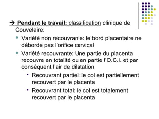 Classification échographique:
   Classification de Bessis:
  Placenta prævia antérieur:

    Type 1: le bord inf. du pl...