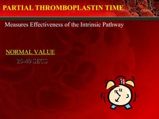 PARTIAL THROMBOPLASTIN TIME
Measures Effectiveness of the Intrinsic Pathway
NORMAL VALUENORMAL VALUE
25-40 SECS25-40 SECS
 