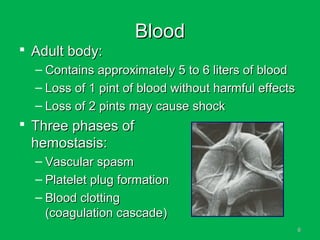 66
BloodBlood
 Adult body:Adult body:
– Contains approximately 5 to 6 liters of bloodContains approximately 5 to 6 liters of blood
– Loss of 1 pint of blood without harmful effectsLoss of 1 pint of blood without harmful effects
– Loss of 2 pints may cause shockLoss of 2 pints may cause shock
 Three phases ofThree phases of
hemostasis:hemostasis:
– Vascular spasmVascular spasm
– Platelet plug formationPlatelet plug formation
– Blood clottingBlood clotting
(coagulation cascade)(coagulation cascade)
 