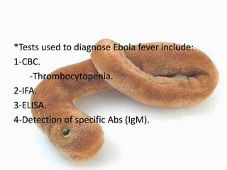 *Tests used to diagnose Ebola fever include:
1-CBC.
-Thrombocytopenia.
2-IFA.
3-ELISA.
4-Detection of specific Abs (IgM).

 