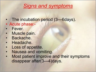 Signs and symptoms
• The incubation period (3—6days).
• Acute phase:• Fever.
• Muscle pain.
• Backache.
• Headache.
• Loss of appetite.
• Nausea and vomiting.
• Most patient improve and their symptoms
disappear after(3---4)days.

 