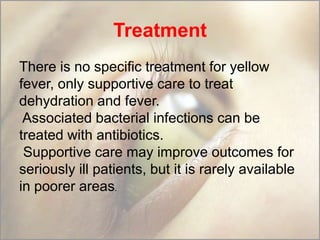 Treatment
There is no specific treatment for yellow
fever, only supportive care to treat
dehydration and fever.
Associated bacterial infections can be
treated with antibiotics.
Supportive care may improve outcomes for
seriously ill patients, but it is rarely available
in poorer areas.

 