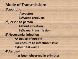 Mode of Transmission:
1zoonotic
Avectors
BWaste products
2Person to person
Afluid excretion
BSexual transmission
3Nosocomial infection
A Reuse of needle
BExposure to infection tissue
CHospital waste
4Aerosol
has been observed in primates

 