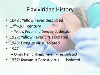 Flaviviridae History
• 1648 : Yellow Fever described
• 17th–20th century
– Yellow Fever and Dengue outbreaks

• 1927: Yellow Fever virus isolated
• 1943: Dengue virus isolated
• 1947
– Omsk Hemorrhagic Fever virus isolated

• 1957: Kyasanur Forest virus

isolated

 