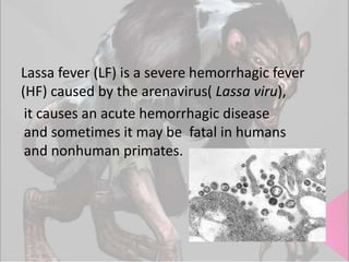 Lassa fever (LF) is a severe hemorrhagic fever
(HF) caused by the arenavirus( Lassa viru),
it causes an acute hemorrhagic disease
and sometimes it may be fatal in humans
and nonhuman primates.

 