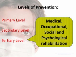 Levels of Prevention:
Primary Level

Secondary Level
Tertiary Level

Medical,
Occupational,
Social and
Psychological
rehabilitation

 
