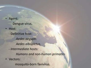 • Agent:
Dengue virus.
• Host:
- Definitive host:
Aedes aegypti.
Aedes albopictus.
- Intermediate hosts:
Humans and non-human primates.
• Vectors:
mosquito-born favivirus.

 