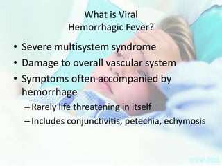 What is Viral
Hemorrhagic Fever?

• Severe multisystem syndrome
• Damage to overall vascular system
• Symptoms often accompanied by
hemorrhage
– Rarely life threatening in itself
– Includes conjunctivitis, petechia, echymosis

 