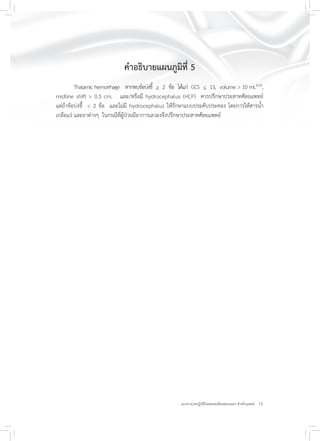 15แนวทางเวชปฏิบัติโรคหลอดเลือดสมองแตก สำหรับแพทย์
คำอธิบายแผนภูมิที่ 5
Thalamic hemorrhage หากพบข้อบ่งชี้ > 2 ข้อ ได้แก่ GCS < 13, volume > 10 ml.31,32
,
midline shift > 0.5 cm. และ/หรือมี hydrocephalus (HCP) ควรปรึกษาประสาทศัลยแพทย์
แต่ถ้าข้อบ่งชี้ < 2 ข้อ และไม่มี hydrocephalus ให้รักษาแบบประคับประคอง โดยการให้สารน้ำ
เกลือแร่ และยาต่างๆ ในกรณีที่ผู้ป่วยมีอาการเลวลงจึงปรึกษาประสาทศัลยแพทย์
 