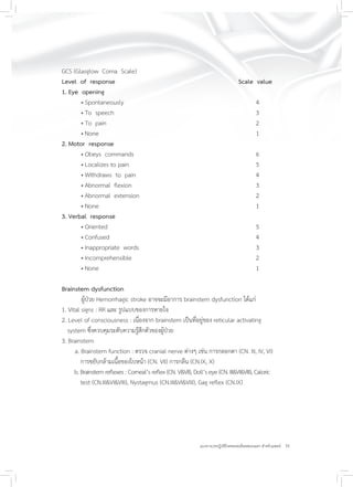 31แนวทางเวชปฏิบัติโรคหลอดเลือดสมองแตก สำหรับแพทย์
GCS (Glasglow Coma Scale)
Level of response Scale value
1. Eye opening
• Spontaneously 4
• To speech 3
• To pain 2
• None 1
2. Motor response
• Obeys commands 6
• Localizes to pain 5
• Withdraws to pain 4
• Abnormal ﬂexion 3
• Abnormal extension 2
• None 1
3. Verbal response
• Oriented 5
• Confused 4
• Inappropriate words 3
• Incomprehensible 2
• None 1
Brainstem dysfunction
ผู้ป่วย Hemorrhagic stroke อาจจะมีอาการ brainstem dysfunction ได้แก่
1. Vital signs : RR และ รูปแบบของการหายใจ
2. Level of consciousness : เนื่องจาก brainstem เป็นที่อยู่ของ reticular activating
system ซึ่งควบคุมระดับความรู้สึกตัวของผู้ป่วย
3. Brainstem
a. Brainstem function : ตรวจ cranial nerve ต่างๆ เช่น การกลอกตา (CN. III, IV, VI)
การขยับกล้ามเนื้อของใบหน้า (CN. VII) การกลืน (CN.IX, X)
b. Brainstem reﬂexes : Corneal’s reﬂex (CN. V&VII), Doll’s eye (CN. III&VI&VIII), Caloric
test (CN.III&VI&VIII), Nystagmus (CN.III&VI&VIII), Gag reﬂex (CN.IX)
 