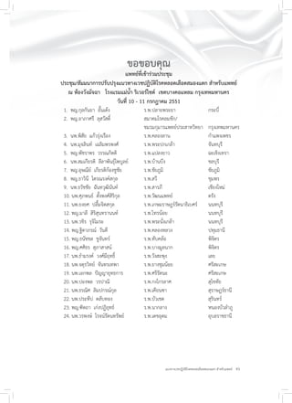 45แนวทางเวชปฏิบัติโรคหลอดเลือดสมองแตก สำหรับแพทย์
ขอขอบคุณ
แพทย์ที่เข้าร่วมประชุม
ประชุม/สัมมนาการปรับปรุงแนวทางเวชปฏิบัติโรคหลอดเลือดสมองแตก สำหรับแพทย์
ณ ห้องวังมัจฉา โรงแรมแม่น้ำ ริเวอร์ไซด์ เขตบางคอแหลม กรุงเทพมหานคร
วันที่ 10 - 11 กรกฎาคม 2551
1. พญ.กุลกันยา อั้นเต้ง ร.พ.ปลายพระยา กระบี่
2. พญ.อาภาศรี ลุสวัสดิ์ สมาคมโรคลมชัก/
ชมรมกุมารแพทย์ประสาทวิทยา กรุงเทพมหานคร
3. นพ.พิสัย แก้วรุ่งเรือง ร.พ.คลองลาน กำแพงเพชร
4. นพ.มุจลินท์ เฉลิมพรพงศ์ ร.พ.พระปกเกล้า จันทบุรี
5. พญ.พัชราพร วรรณกิตติ ร.พ.แปลงยาว ฉะเชิงเทรา
6. นพ.สมเกียรติ ลีลาพันธุ์ไพบูลย์ ร.พ.บ้านบึง ชลบุรี
7. พญ.อุษณีย์ เกียรติก้องชูชัย ร.พ.ชัยภูมิ ชัยภูมิ
8. พญ.ธาวินี ไตรณรงค์สกุล ร.พ.สวี ชุมพร
9. นพ.ธวัชชัย ฉันทวุฒินันท์ ร.พ.สารภี เชียงใหม่
10. นพ.ศุภพนธ์ ตั้งพงศ์สิริกุล ร.พ.วัฒนแพทย์ ตรัง
11. นพ.ยงยศ ปลื้มจิตสกุล ร.พ.เกษมราษฎร์รัตนาธิเบศร์ นนทบุรี
12. พญ.มาลี สิริสุนทรานนท์ ร.พ.ไทรน้อย นนทบุรี
13. นพ.วชิร รุจิโมระ ร.พ.พระนั่งเกล้า นนทบุรี
14. พญ.ฐิตาภรณ์ วันดี ร.พ.คลองหลวง ปทุมธานี
15. พญ.ธนัชชล ชูจันทร์ ร.พ.ทับคล้อ พิจิตร
16. พญ.ศศิธร สุภาสาสน์ ร.พ.บางมูลนาก พิจิตร
17. นพ.ธำมรงค์ วงศ์มีฤทธิ์ ร.พ.วังสะพุง เลย
18. นพ.จตุรวิทย์ จันทรเทพา ร.พ.ยางชุมน้อย ศรีสะเกษ
19. นพ.เอกพล ปัญญายุทธการ ร.พ.ศรีรัตนะ ศรีสะเกษ
20. นพ.ปองพล วรปาณิ ร.พ.กงไกรลาศ สุโขทัย
21. นพ.ธรณิศ ลิมปกรณ์กุล ร.พ.เคียนซา สุราษฎร์ธานี
22. นพ.ประทีป ตลับทอง ร.พ.บัวเชด สุรินทร์
23. พญ.ฑิตถา เก่งปฏิยุทธ์ ร.พ.นากลาง หนองบัวลำภู
24. นพ.วรพงษ์ โรจน์รัตนทรัพย์ ร.พ.เดชอุดม อุบลราชธานี
 