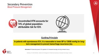 Greenberg, S. M. 2022 AHA/ASA . Guideline for the Management of Patients with Spontaneous Intracerebral Hemorrhage. Circulation.
Secondary Prevention
Blood Pressure Management
65
Abbreviations: BP indicates blood pressure; HTN, hypertension; ICH, intracerebral hemorrhage; and mmHg, millimeters of mercury.
Uncontrolled HTN accounts for
74% of global population-
attributable risk for ICH.
In patients with spontaneous ICH, it is reasonable to lower BP to 130/80 mmHg for long-
term management to prevent hemorrhage recurrence (2a).
Guiding Principle
 