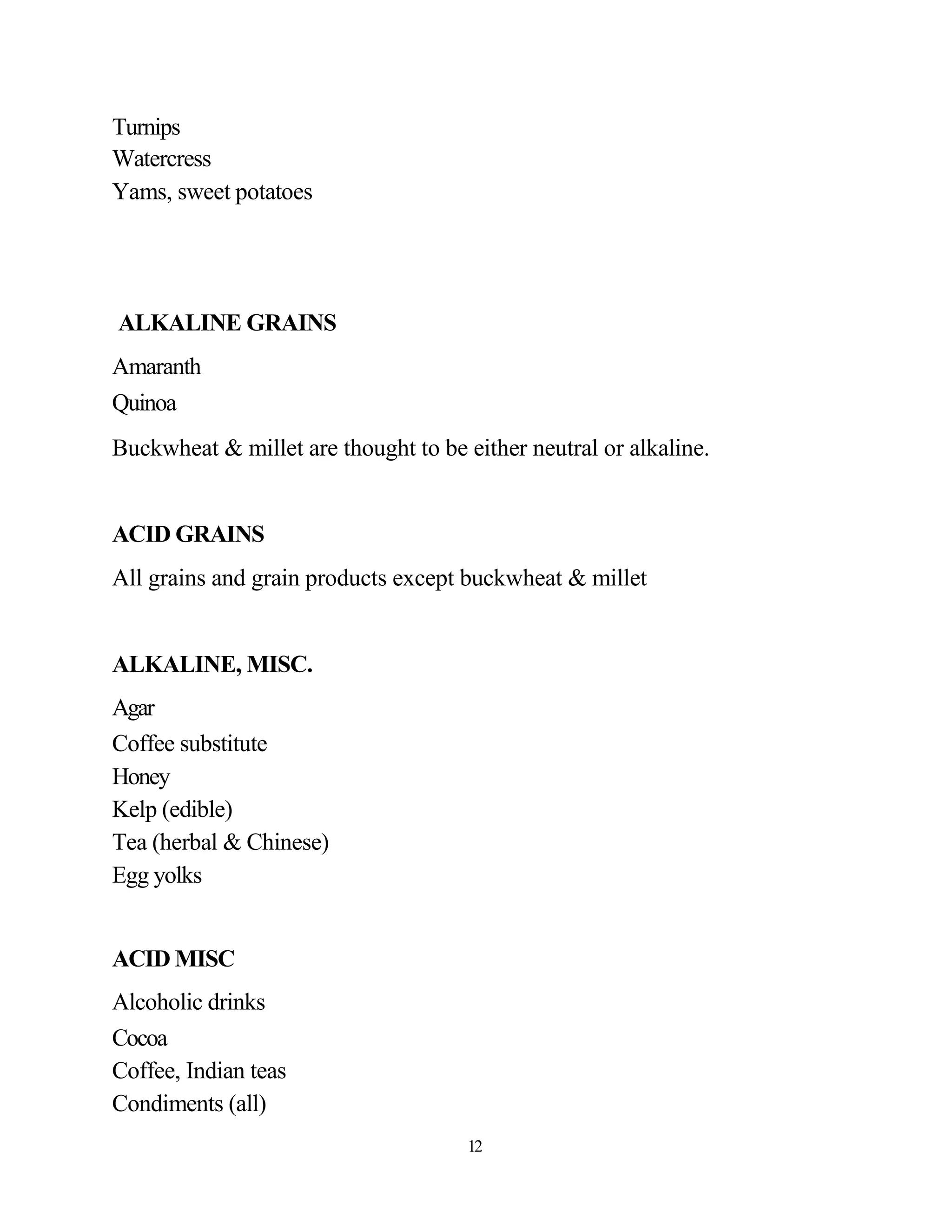 Turnips
Watercress
Yams, sweet potatoes




ALKALINE GRAINS
Amaranth
Quinoa
Buckwheat & millet are thought to be either neutral or alkaline.


ACID GRAINS
All grains and grain products except buckwheat & millet


ALKALINE, MISC.
Agar
Coffee substitute
Honey
Kelp (edible)
Tea (herbal & Chinese)
Egg yolks


ACID MISC
Alcoholic drinks
Cocoa
Coffee, Indian teas
Condiments (all)
                                      12
 