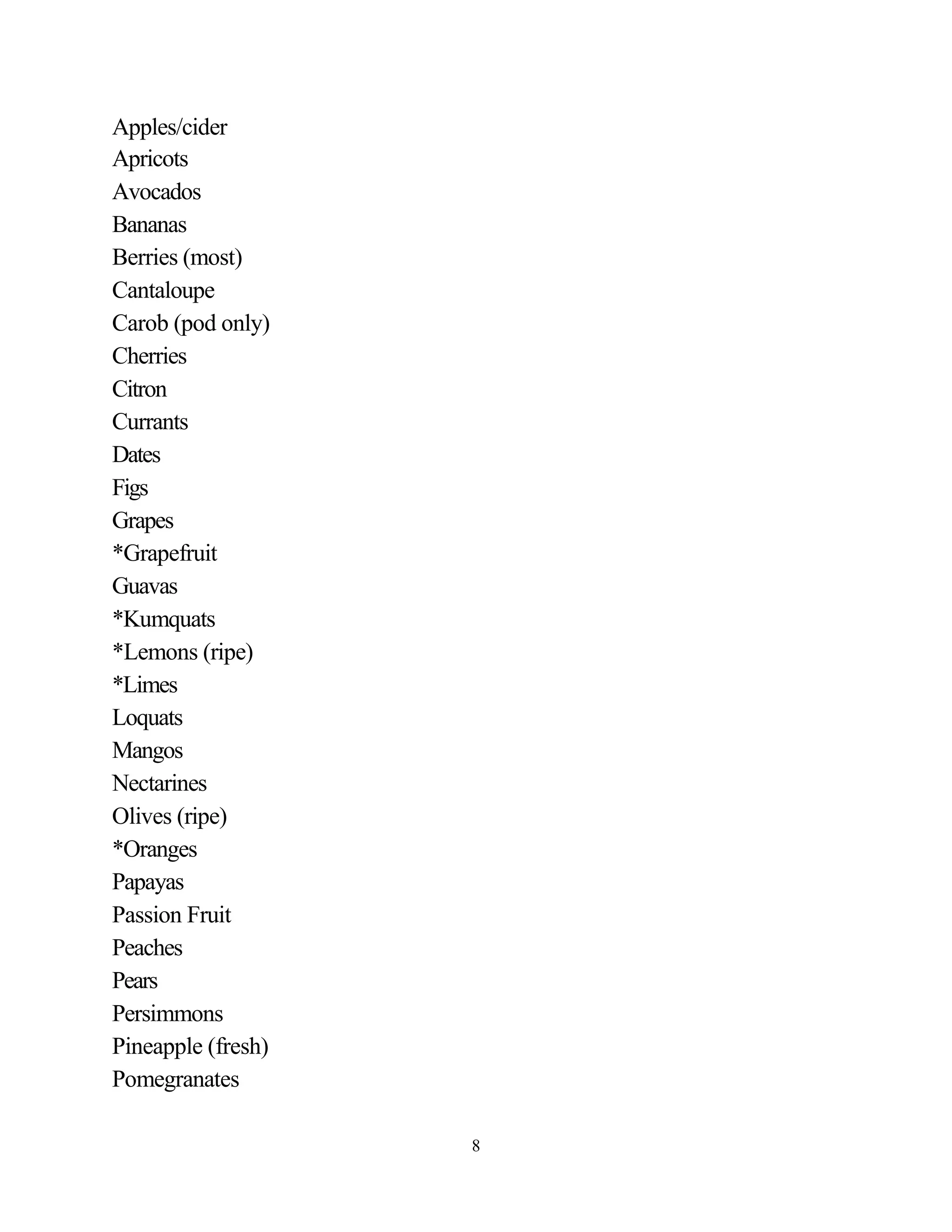 Apples/cider
Apricots
Avocados
Bananas
Berries (most)
Cantaloupe
Carob (pod only)
Cherries
Citron
Currants
Dates
Figs
Grapes
*Grapefruit
Guavas
*Kumquats
*Lemons (ripe)
*Limes
Loquats
Mangos
Nectarines
Olives (ripe)
*Oranges
Papayas
Passion Fruit
Peaches
Pears
Persimmons
Pineapple (fresh)
Pomegranates

                    8
 