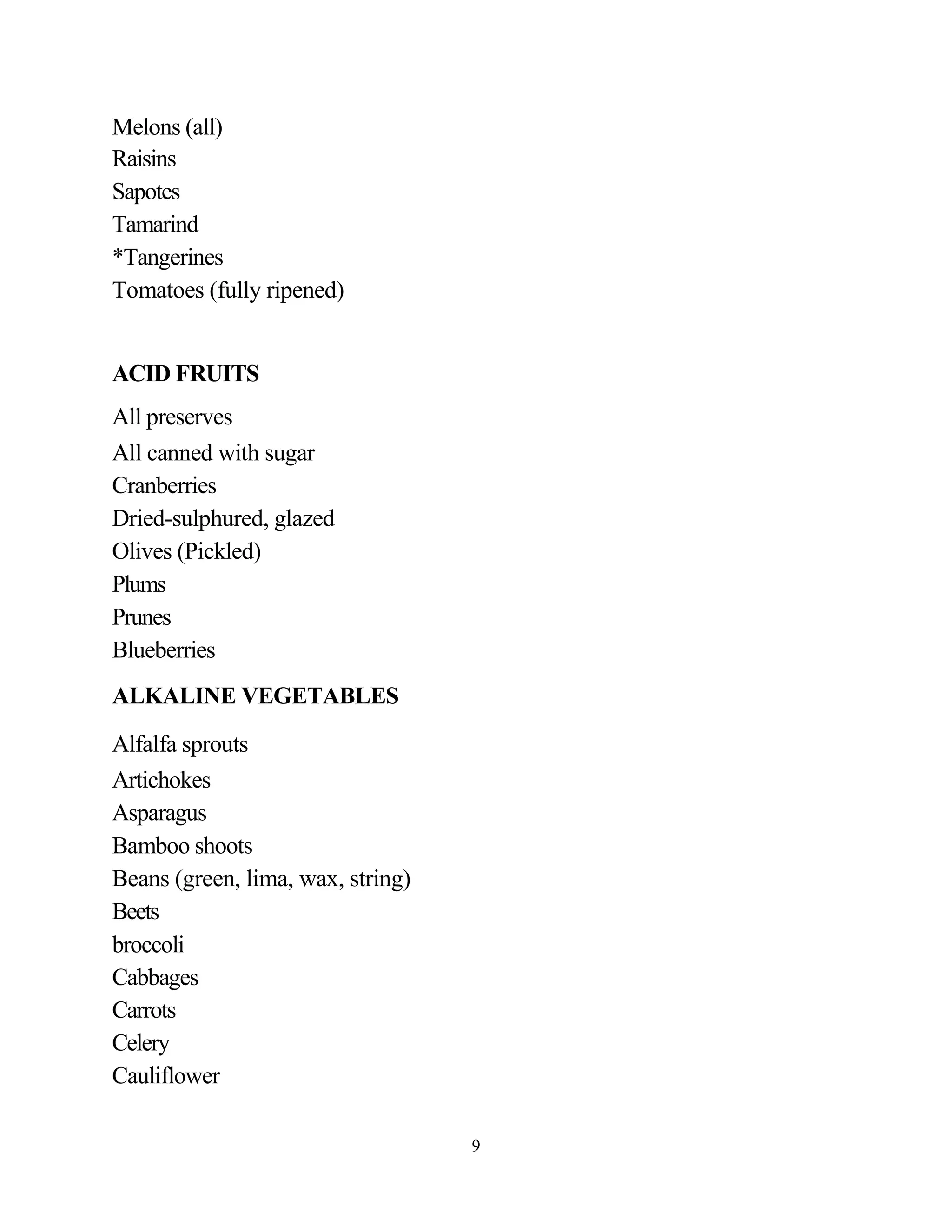 Melons (all)
Raisins
Sapotes
Tamarind
*Tangerines
Tomatoes (fully ripened)


ACID FRUITS
All preserves
All canned with sugar
Cranberries
Dried-sulphured, glazed
Olives (Pickled)
Plums
Prunes
Blueberries
ALKALINE VEGETABLES
Alfalfa sprouts
Artichokes
Asparagus
Bamboo shoots
Beans (green, lima, wax, string)
Beets
broccoli
Cabbages
Carrots
Celery
Cauliflower

                                   9
 