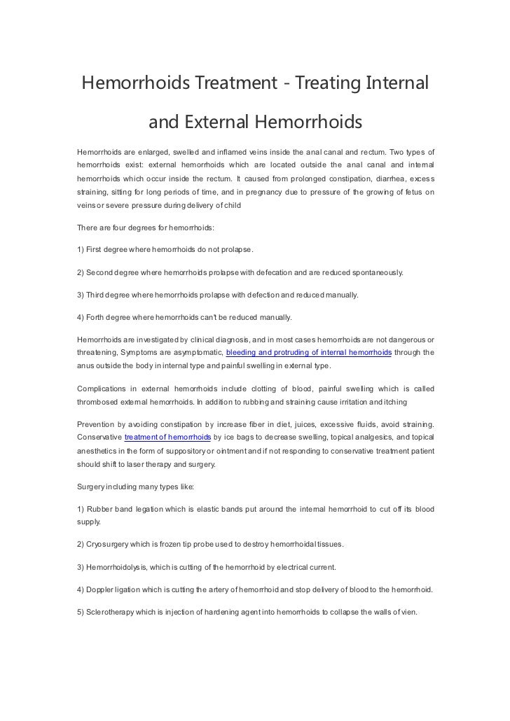 Hemorrhoids treatment treating internal and external hemorrhoids
