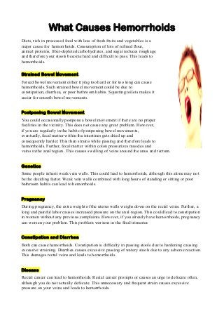 What Causes Hemorrhoids
Diets, rich in processed food with less of fresh fruits and vegetables is a
major cause for hemorr...